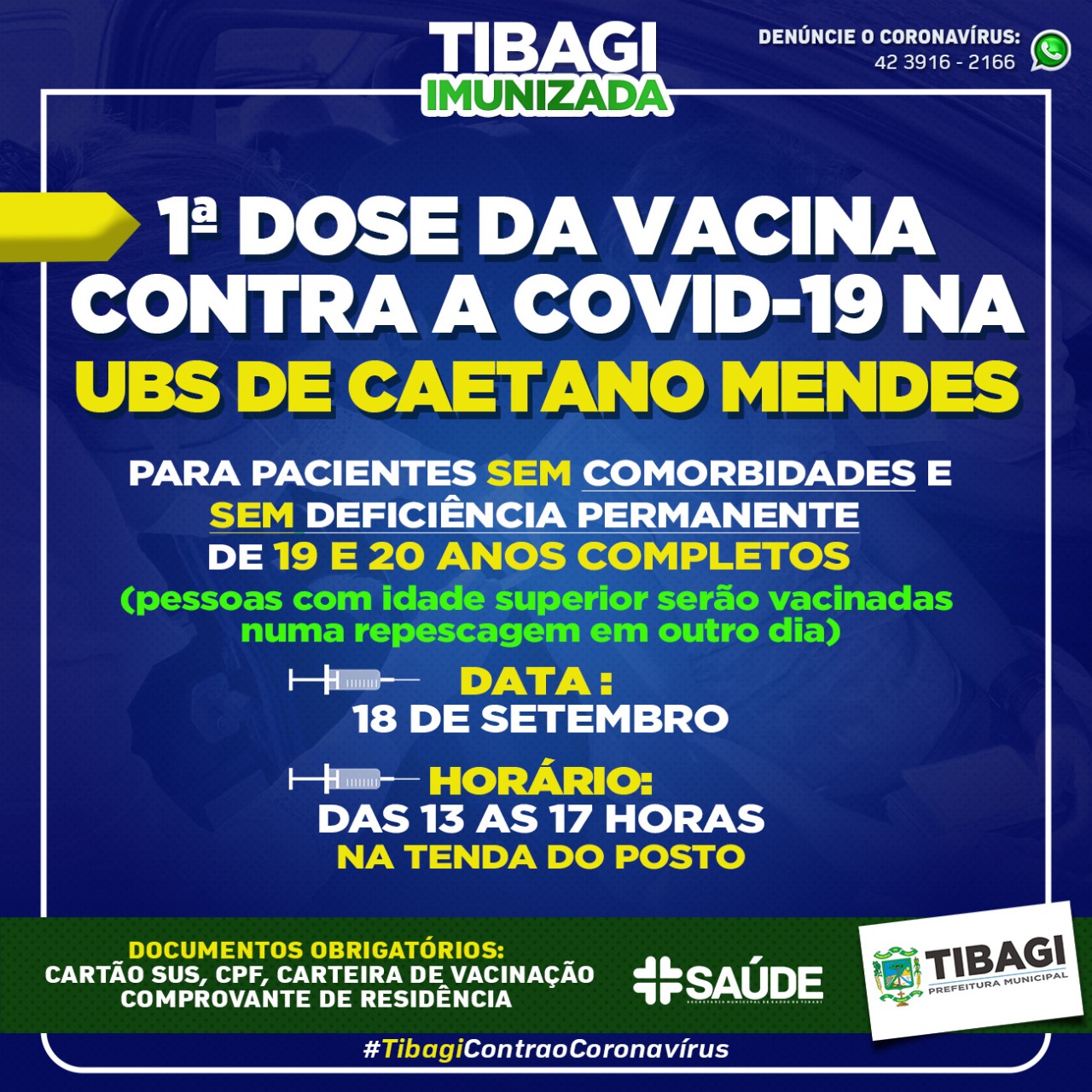 AMANHÃ! Caetano Mendes vacina população de 19 e 20 anos contra a Covid-19